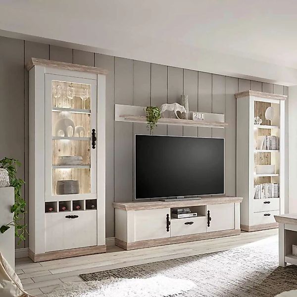 Wohnzimmer Schrankwand im Landhaus Design Pinie Weiß (vierteilig) günstig online kaufen