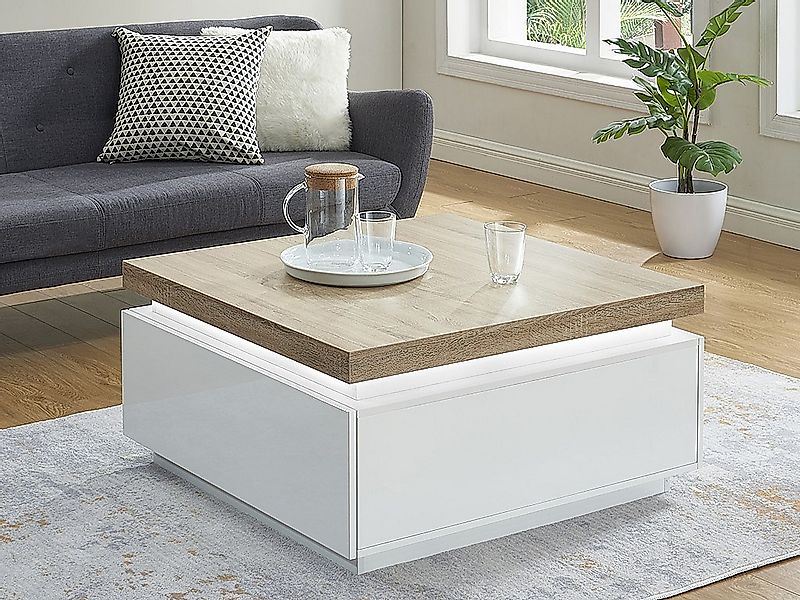 Couchtisch mit 2 Schubladen & LEDs - MDF lackiert - Weiß & Eichefarben - HA günstig online kaufen