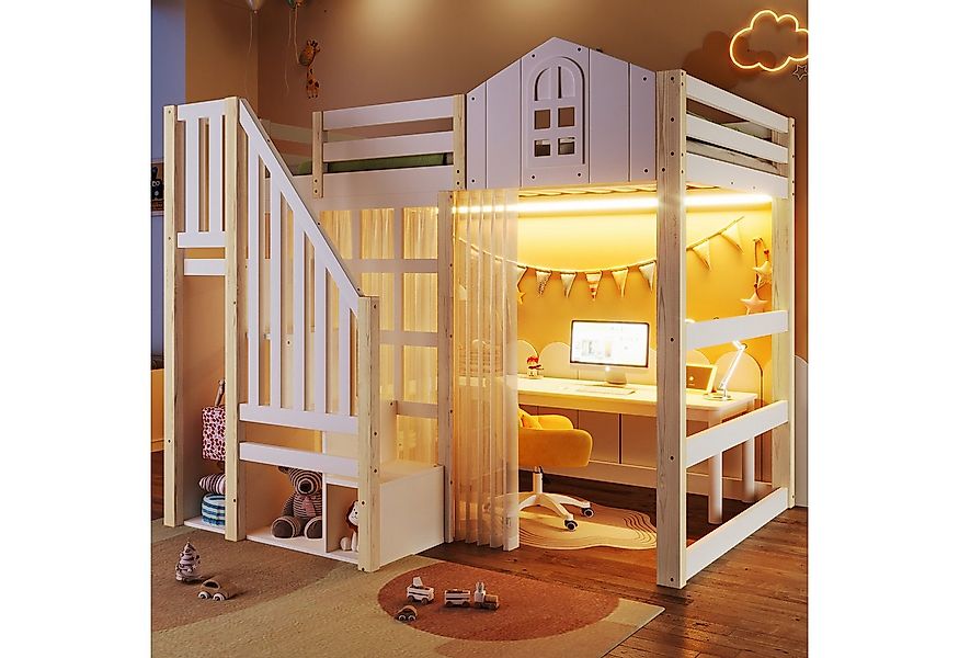 Ulife Etagenbett Hochbett Kinderbett mit LED-Leuchten, Fensterform, Ablagel günstig online kaufen