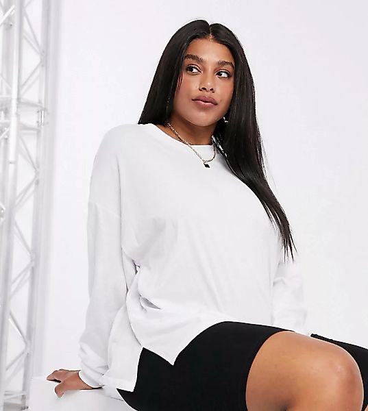 ASOS DESIGN Curve – Langärmliges Oversize-Shirt mit Bündchen in Weiß günstig online kaufen