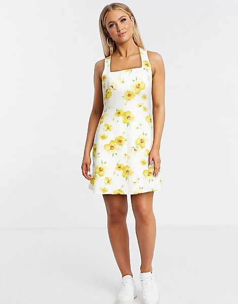 Gilli – Minikleid mit Schnürung hinten und gelbem Blumenmuster-Weiß günstig online kaufen