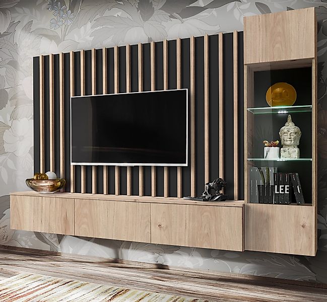 Furn.Design Wohnwand Pearl, (Mediawand in Eiche Dekor mit schwarz, 3-teilig günstig online kaufen