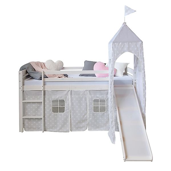 Homestyle4u Hochbett 90x200 mit Vorhang Rutsche und Turm in Weiß Sterne 188 günstig online kaufen
