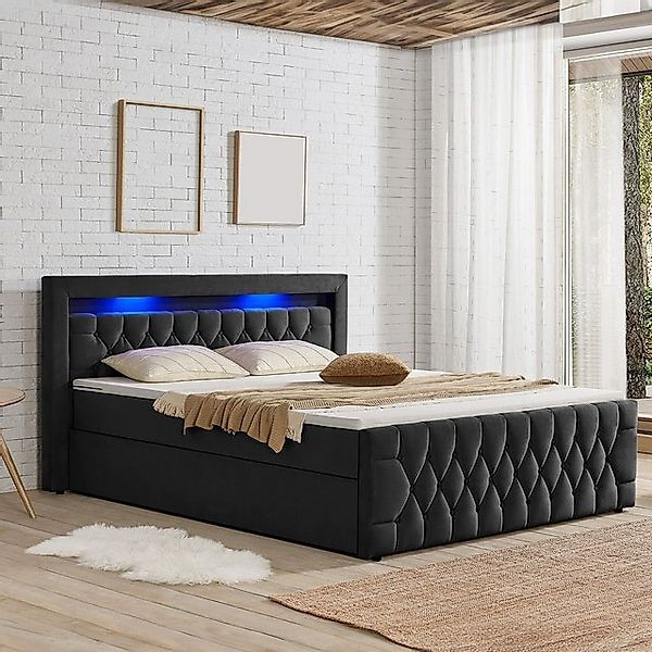 Juskys Polsterbett Leona, 140x200 cm, Boxspringbett-Optik, Samt-Bezug, LED- günstig online kaufen