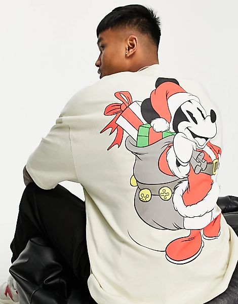 ASOS DESIGN – Disney – Oversize-T-Shirt in Weiß mit weihnachtlichem Mickey- günstig online kaufen