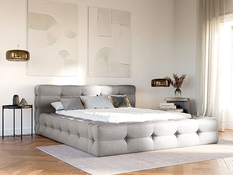 Polsterbett + Lattenrost + Matratze - 180 x 200 cm - Melierter Stoff - Hell günstig online kaufen