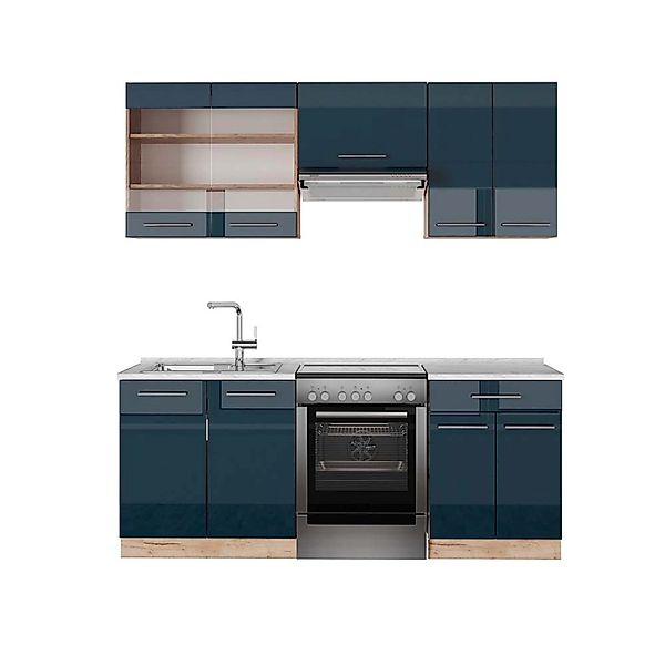 Vicco Fame-Line Küchenschränke Dunkelblau Hochglanz/Goldkraft Eiche 200 cm günstig online kaufen