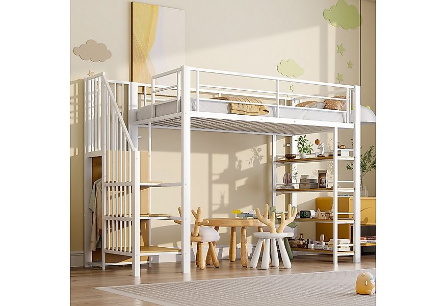 Flieks Hochbett Kinderbett Metallbett 90x200cm mit Regal, Treppe und Kleide günstig online kaufen