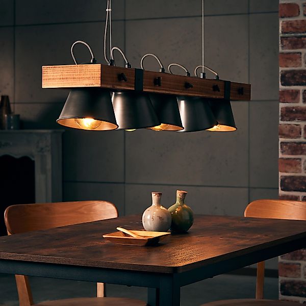 Brilliant Pendelleuchte Plow 5-flammig Schwarz Stahl und Holz günstig online kaufen