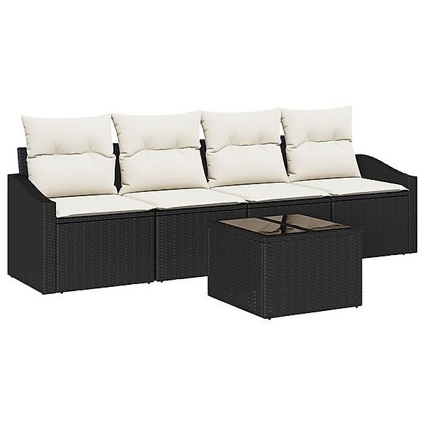 vidaXL Loungesofa 5-teilige Garten Essgruppe mit Kissen Schwarz Poly-Rattan günstig online kaufen