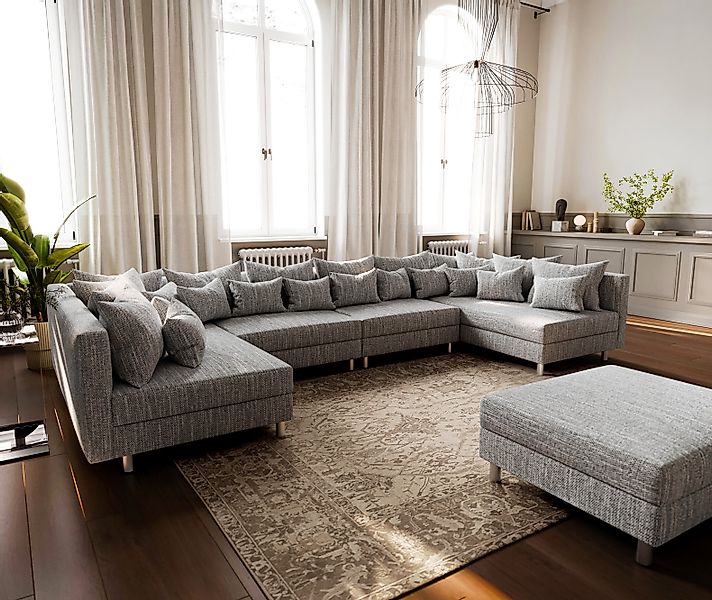 Wohnlandschaft Clovis XL Hellgrau Strukturstoff Modulsofa Hocker günstig online kaufen