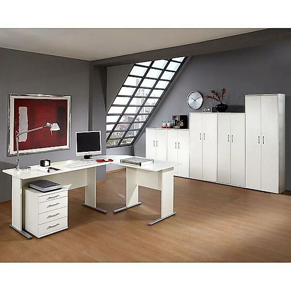 Büromöbel STETTIN-16 Set in weiß, Eckschreibtisch mit Container, 5 Aktensch günstig online kaufen