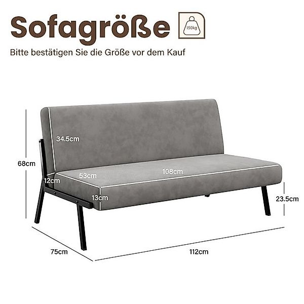 OUNUO Sofa 2 Sitzer Couch mit Metallrahmen Doppelsofa 150kg belastbar Grau günstig online kaufen