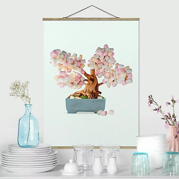 Stoffbild Blumen mit Posterleisten - Hochformat Bonsai mit Marshmallows günstig online kaufen