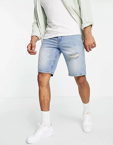 Only & Sons – Locker geschnittene Jeans-Shorts mit Zierrissen in Blau günstig online kaufen