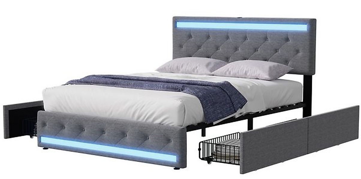 FUROKOY Polsterbett Doppelbett Stauraumbett mit LED-Beleuchtung und 4 Schub günstig online kaufen