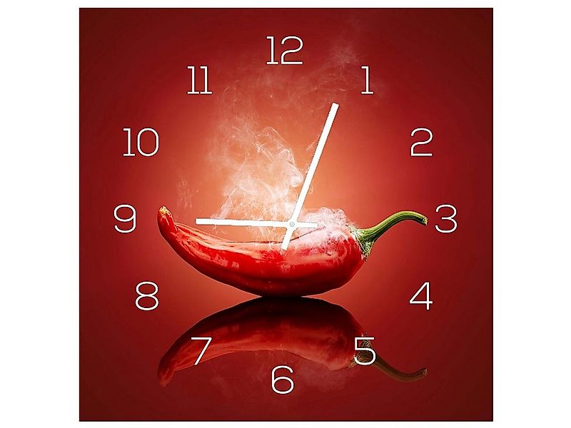 Levandeo® Wanduhr (Wanduhr aus Glas 30x30cm Uhr als Glasbild Küche Chili Pe günstig online kaufen