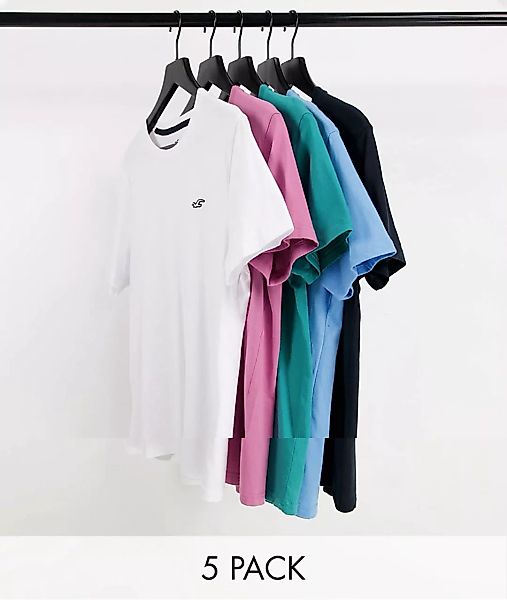 Hollister – 5er-Pack T-Shirts in Schwarz/Grün/Blau/Rosa/Weiß-Mehrfarbig günstig online kaufen