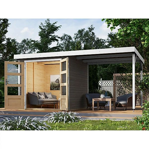 Karibu Gartenhaus Set Ernesto B Terragrau-Weiß mit Anbaudach 4,45 m² günstig online kaufen