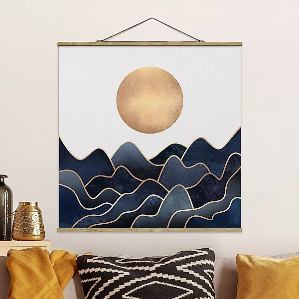 Stoffbild Abstrakt mit Posterleisten - Quadrat Goldene Sonne blaue Wellen günstig online kaufen