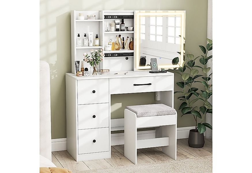 COSTWAY Schminktisch (1-St), Frisiertisch mit LED Spiegel, Hocker, Steckdos günstig online kaufen
