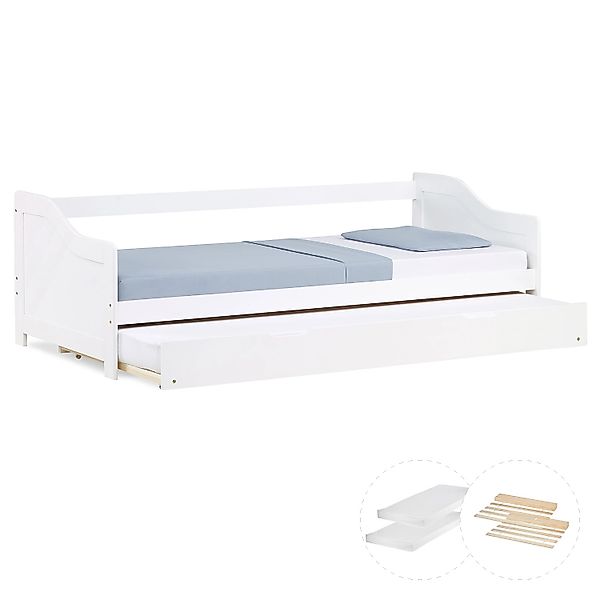 Homestyle4u Tagesbett Ausziehbett 90x200 cm Weiß Holzbett mit Matratze 3079 günstig online kaufen
