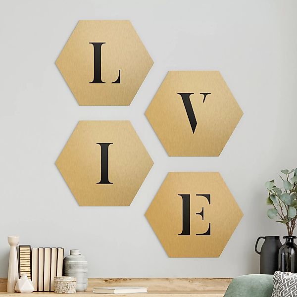 4-teiliges Hexagon-Alu-Dibond Bild Buchstaben LIVE Schwarz Set II günstig online kaufen