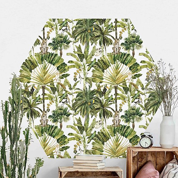 Hexagon Mustertapete selbstklebend Aquarell Bananenpalme und Leopard Muster günstig online kaufen