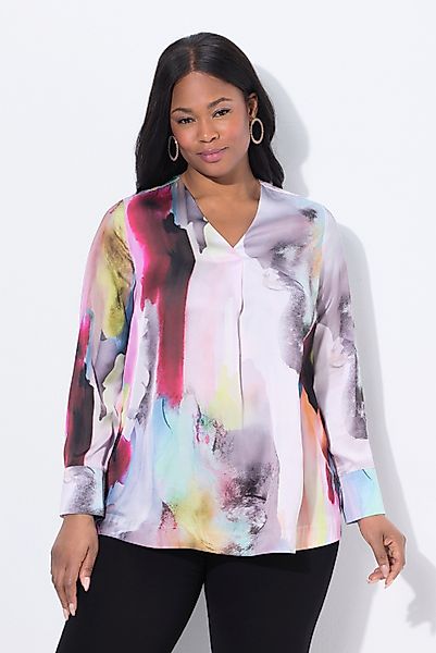 Ulla Popken Satinbluse Seiden-Tunika Aquarell-Design V-Ausschnitt günstig online kaufen