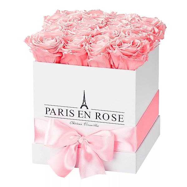 Rosenbox eckig Weiß mit Schleife und 12 Rosa Rosen günstig online kaufen