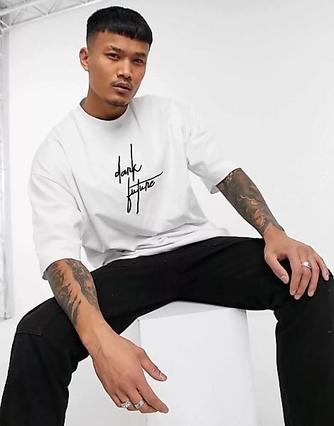 ASOS Dark Future – Schweres, weißes Oversize-T-Shirt mit Stickerei vorne günstig online kaufen