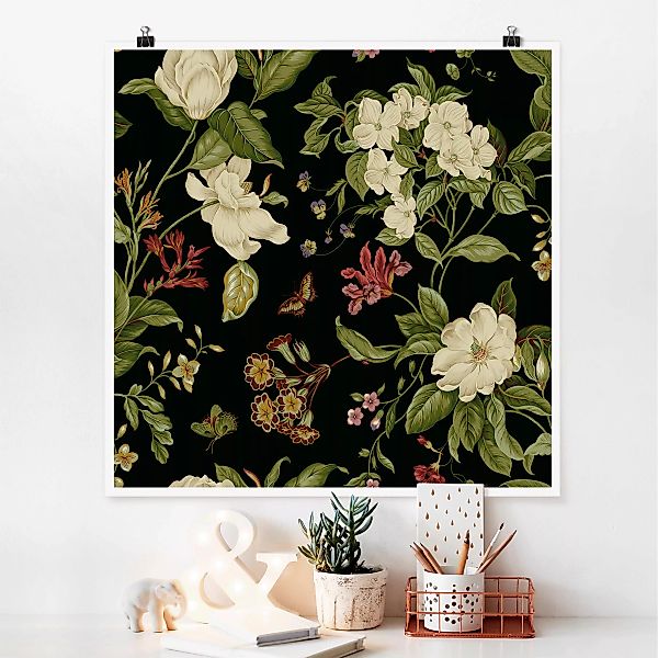 Poster Blumen - Quadrat Gartenblumen auf Schwarz II günstig online kaufen
