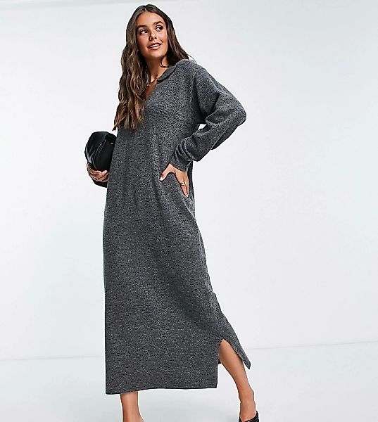 4th & Reckless Tall – Midi-Pulloverstrickkleid in Grau mit offenem Kragen günstig online kaufen