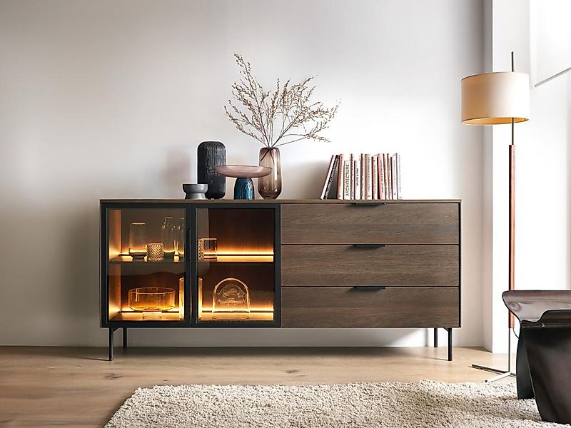 Sideboard mit 2 Türen und 3 Schubladen mit LEDs - Natur und Schwarz - FOGLE günstig online kaufen