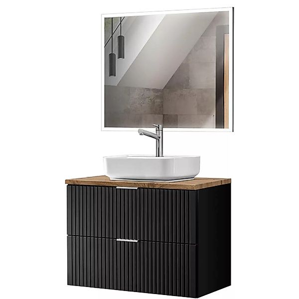 Badmöbel Waschtisch mit Keramik Aufsatzbecken und rechteckigem LED Spiegel, günstig online kaufen