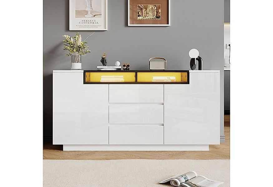 Merax Sideboard Hochglanz mit LED-Beleuchtung und verstellbaren Böden (Weiß günstig online kaufen