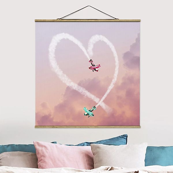 Stoffbild mit Posterleisten - Quadrat Herz mit Flugzeugen günstig online kaufen