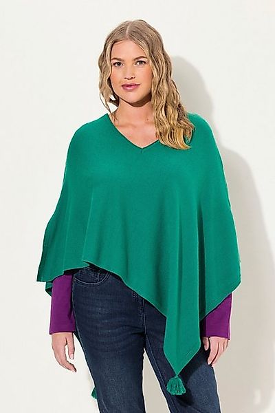 Ulla Popken Strickpullover Strick-Poncho Zipfelsaum Quaste V-Ausschnitt günstig online kaufen