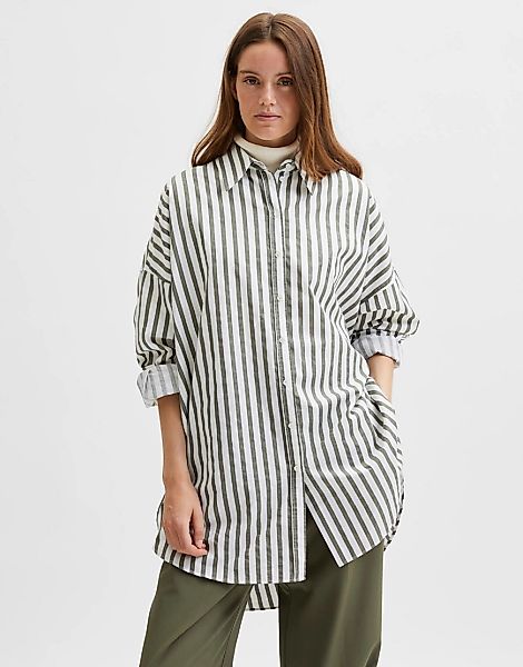 Selected Femme – Lang geschnittenes Hemd aus Bio-Baumwolle mit Streifen-Grü günstig online kaufen