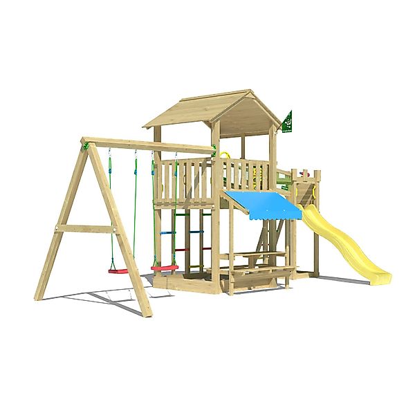 Jungle Gym Spielturm Cascade Holz Picnic m. 2 Schaukeln Brücke Rutsche Gelb günstig online kaufen