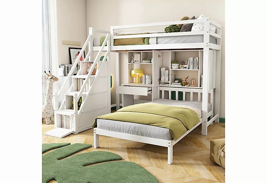 MODFU Etagenbett Doppelbett (mit Schreibtisch und Regale, mit Lattenrost, w günstig online kaufen