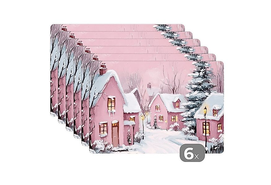 MuchoWow Platzset Weihnachtsdorf - Rosa - Winter - Schnee - Häuser, (6-St), günstig online kaufen