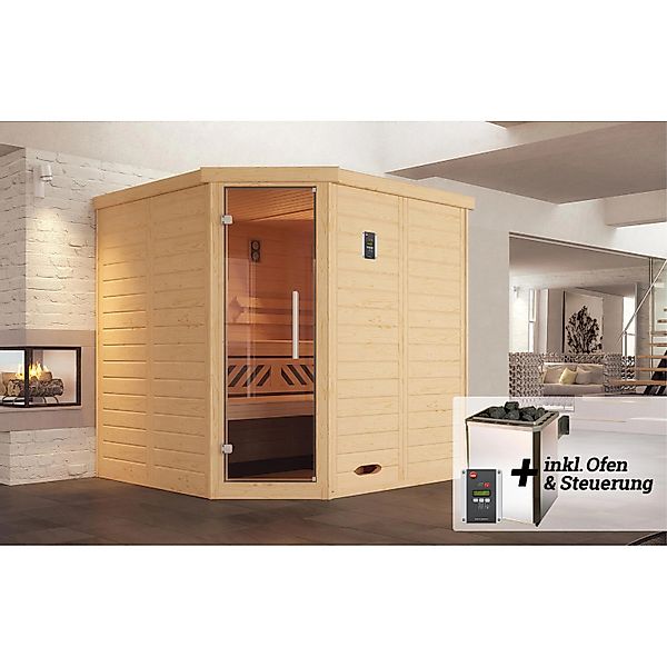 Weka Massivholzelementsauna Kemi Eck Sparset 7,5 kW OS Glastür günstig online kaufen