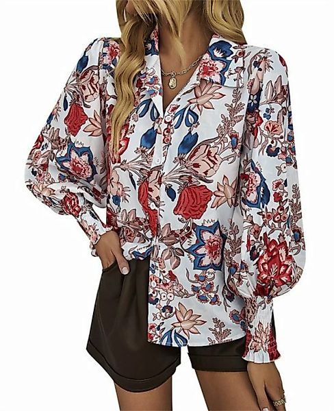 ZWY Langarmbluse Damenhemd mit Reversdruck und Knöpfen, Hemd mit Ballonärme günstig online kaufen