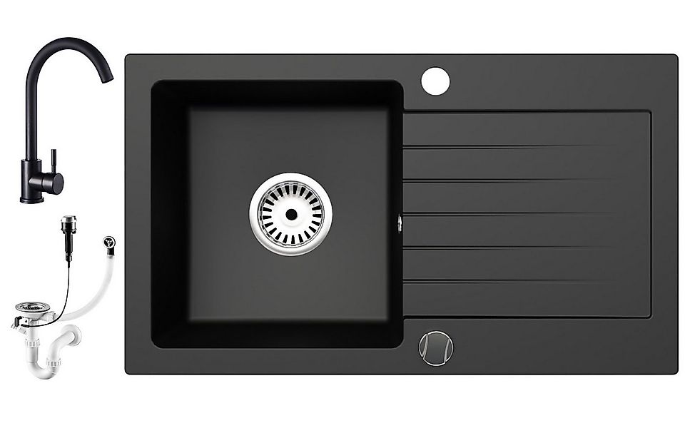 Faizee Möbel Granitspüle Granitspüle 75 cm Schwarz mit passender Armatur Ko günstig online kaufen