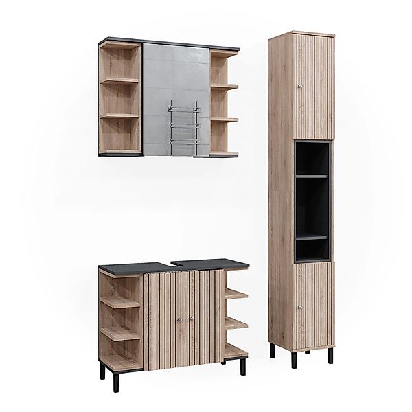Vicco Badmöbel-Set Aquis Sonoma/Anthrazit 3 Teile mit Hochschrank günstig online kaufen