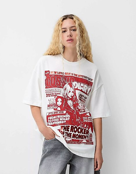 Bershka T-Shirt Mit Print Damen L Grbrochenes Weiss günstig online kaufen