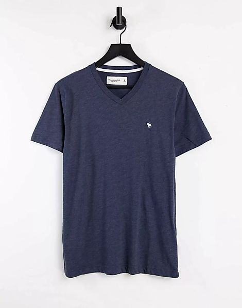 Abercrombie & Fitch – Marineblaues T-Shirt mit V-Ausschnitt und Logo günstig online kaufen