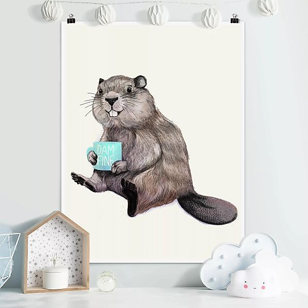 Poster - Hochformat Illustration Biber mit Kaffeetasse günstig online kaufen