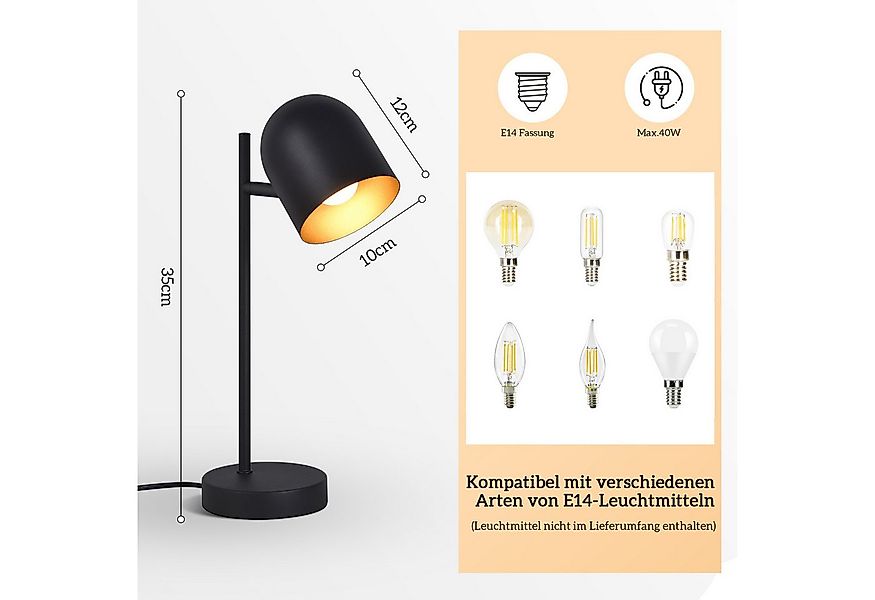 ZMH Tischleuchte Wohnzimmer Schwarz Gold Metall Schwenbar 350° E14 Nachttis günstig online kaufen